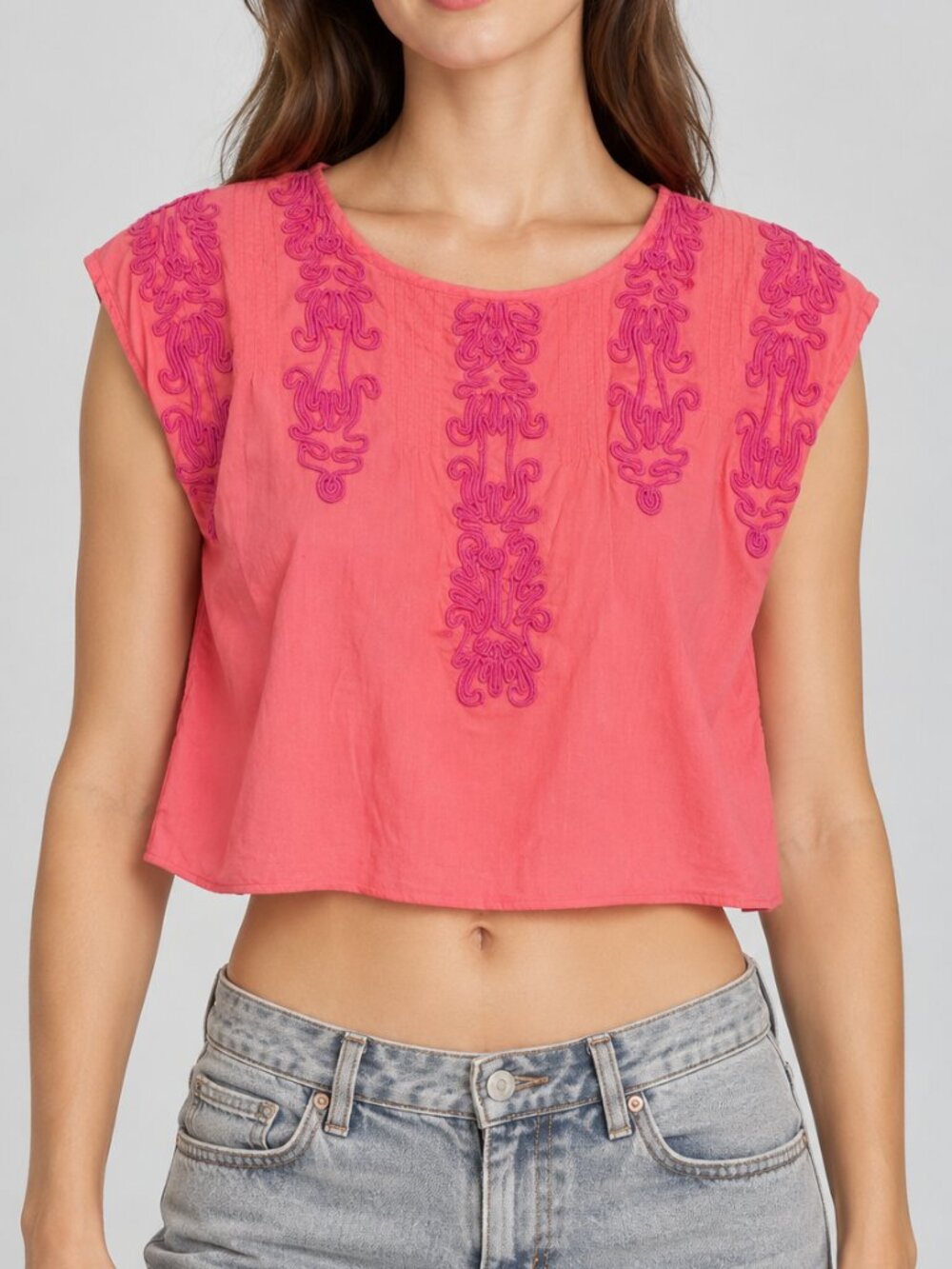 Free People Cropped Embroidered Top Pink Medium